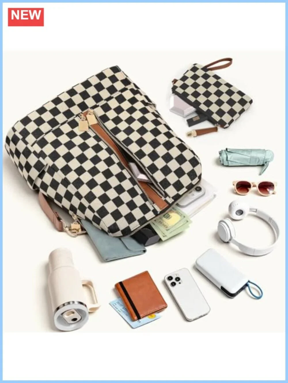 Checkered Backpack Purse for Women Plaid Canvas PU Leather Travel Daypack